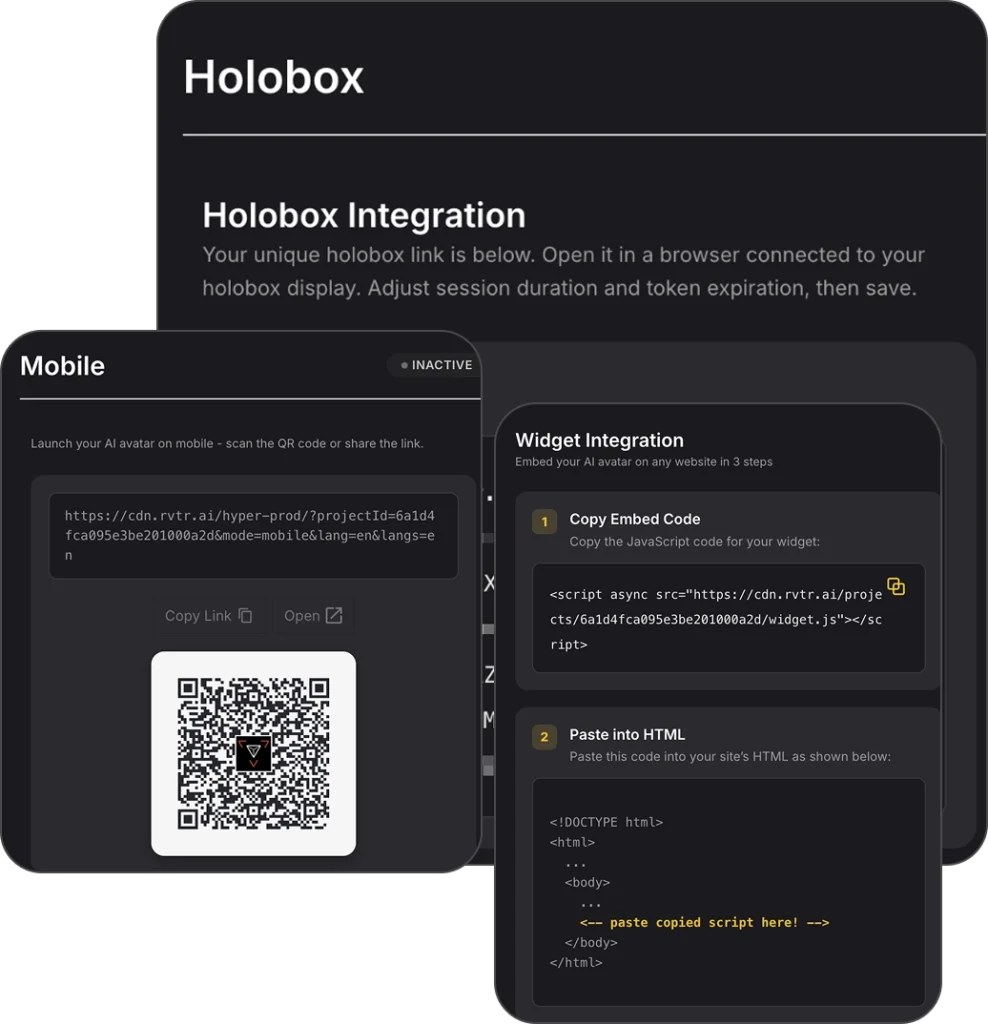 Holobox integration interface with mobile QR code and website widget embed instructions