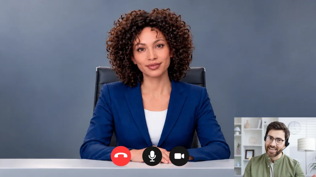 Realistic AI avatar of a woman in a video call interface with a customer