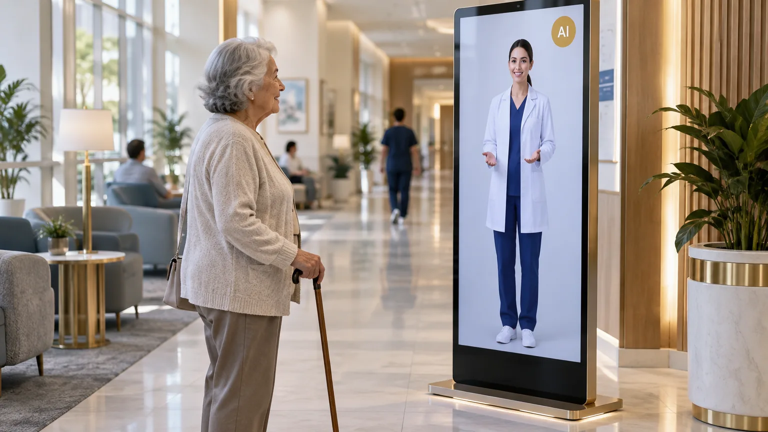 Elderly patient with a cane at a hospital kiosk where a full-body clinician AI avatar greets her under a gold AI badge