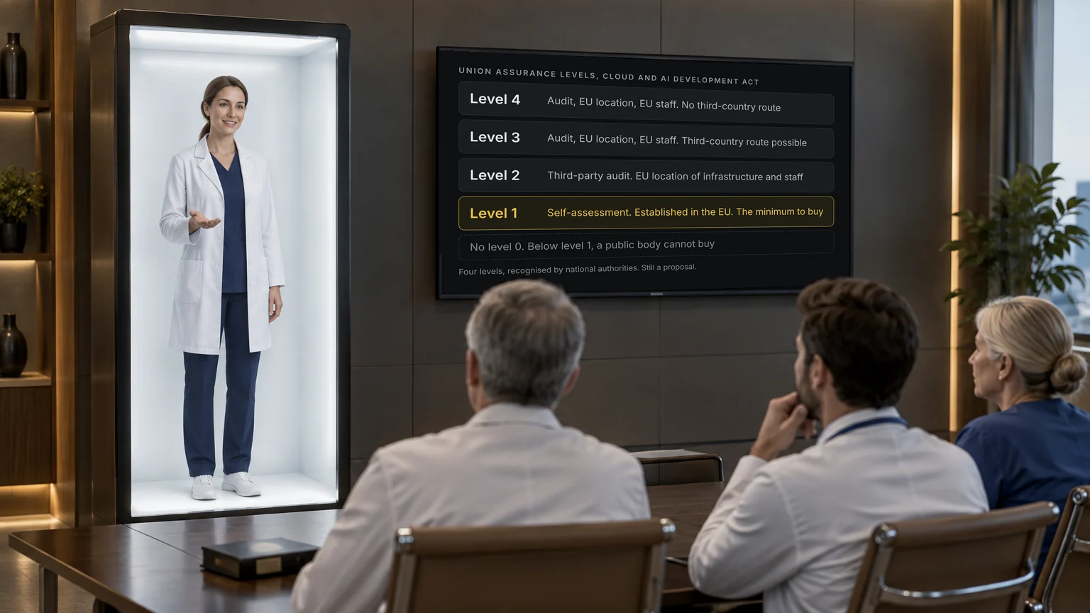 Clinician AI avatar in a holographic box presents the four Union assurance levels on a wall screen, Level 1 in gold, to two hospital doctors and a nurse