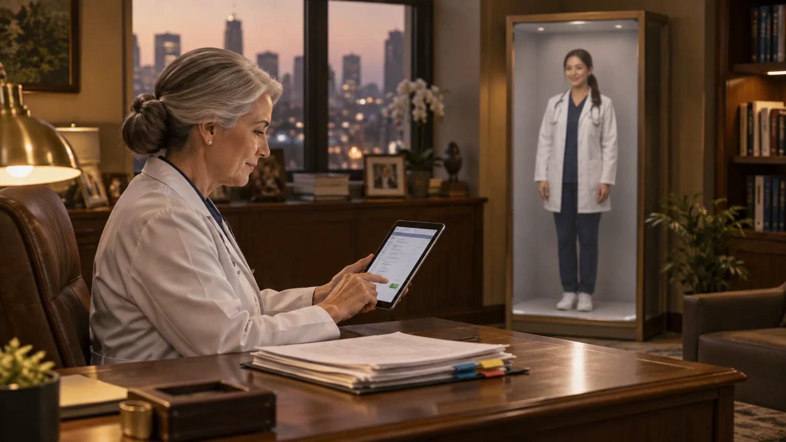 Senior doctor approving on a tablet the answers a clinician AI avatar will give patients, with the avatar in a holographic display behind her