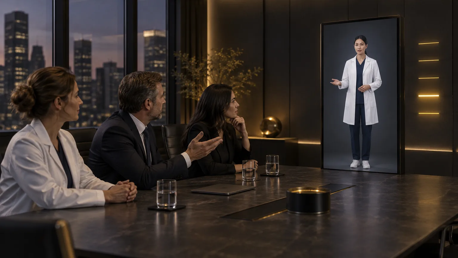 Hospital procurement team questioning a sovereign AI avatar on a display, beside a glowing five-level sovereignty scale