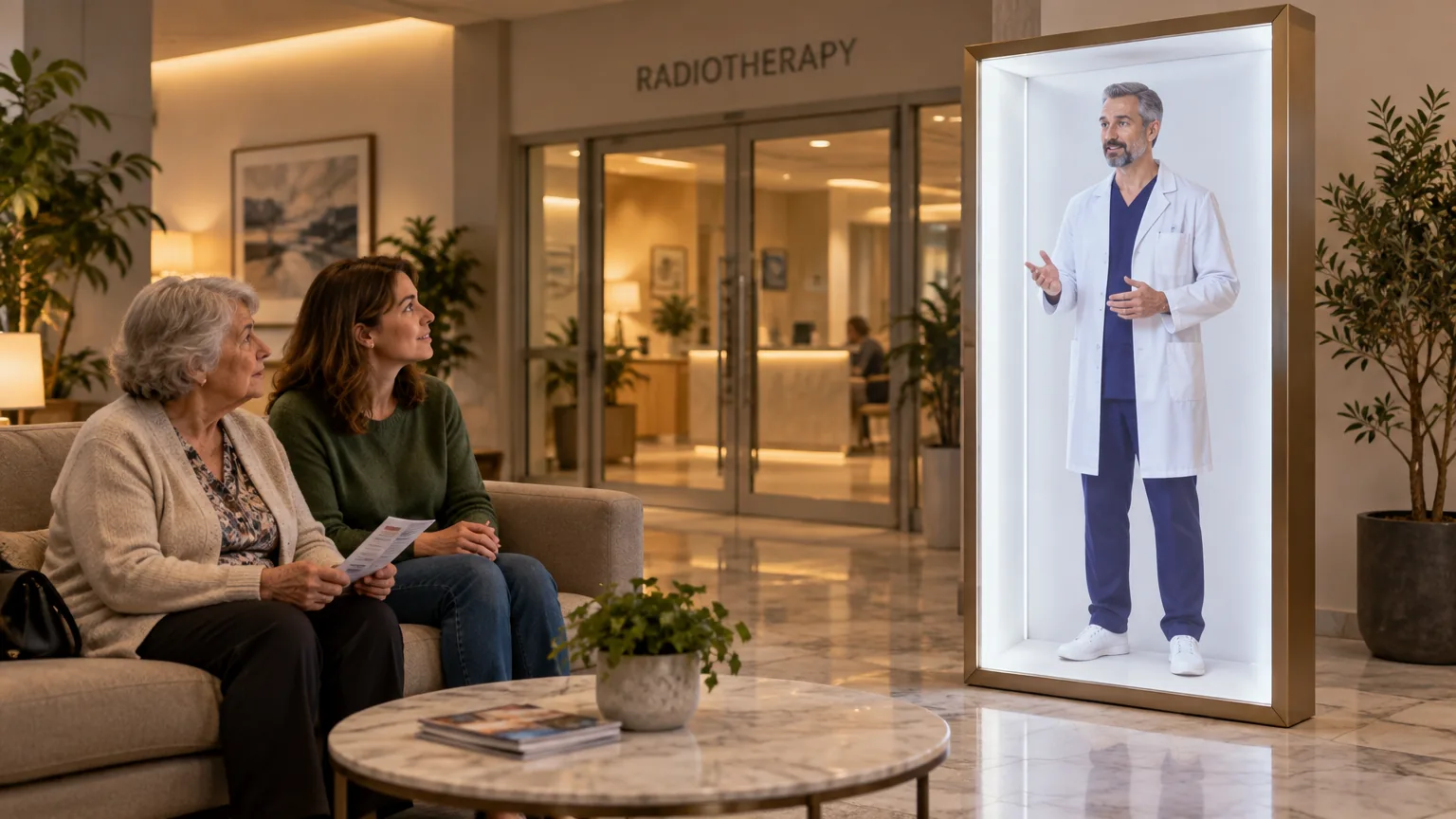 Patient and her daughter outside a radiotherapy department listening to a full-body clinician AI avatar in a holographic display explain how to prepare