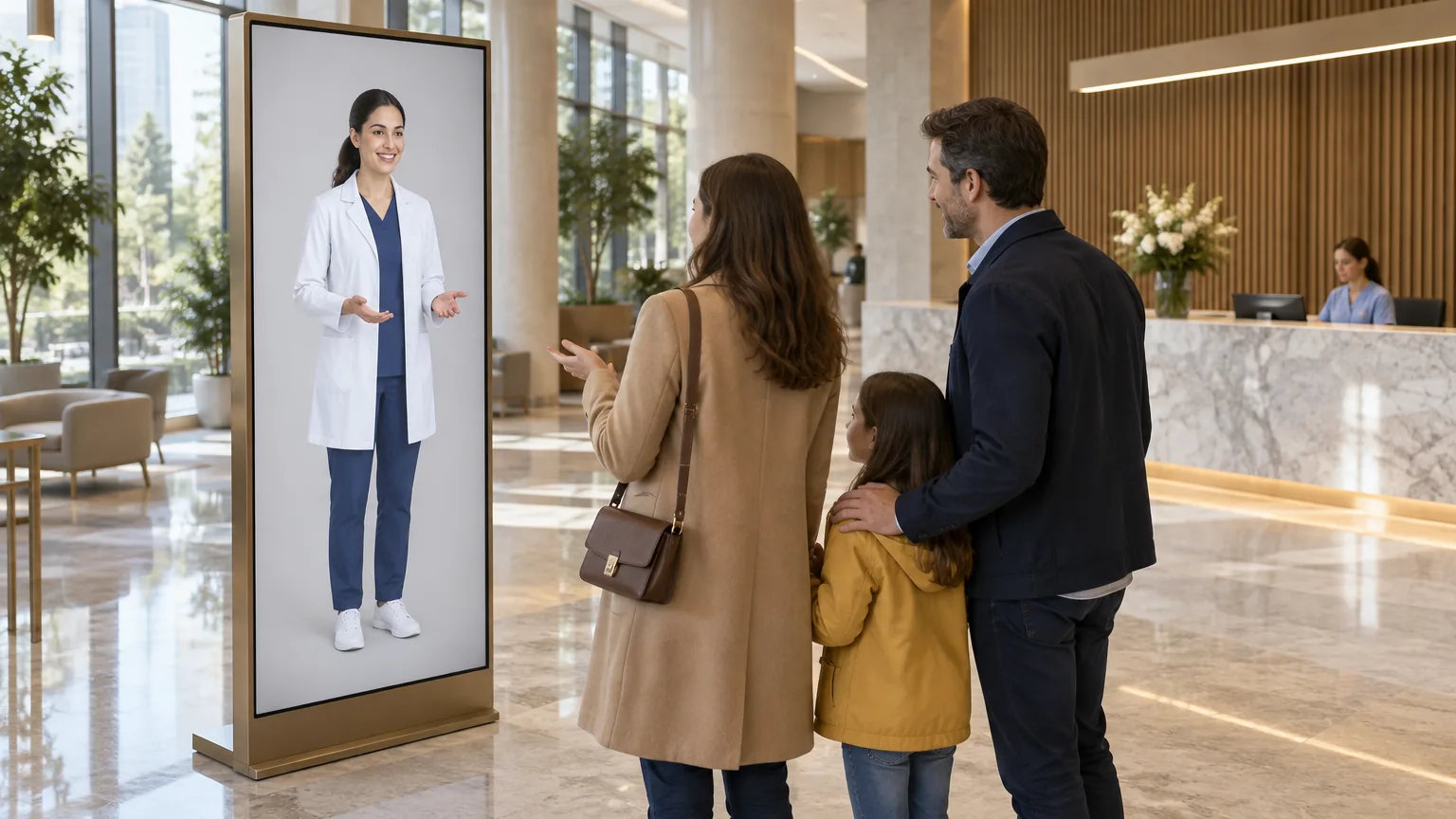 A family at a hospital reception talking to a full-body clinician AI avatar on a kiosk while a nurse works at the desk behind