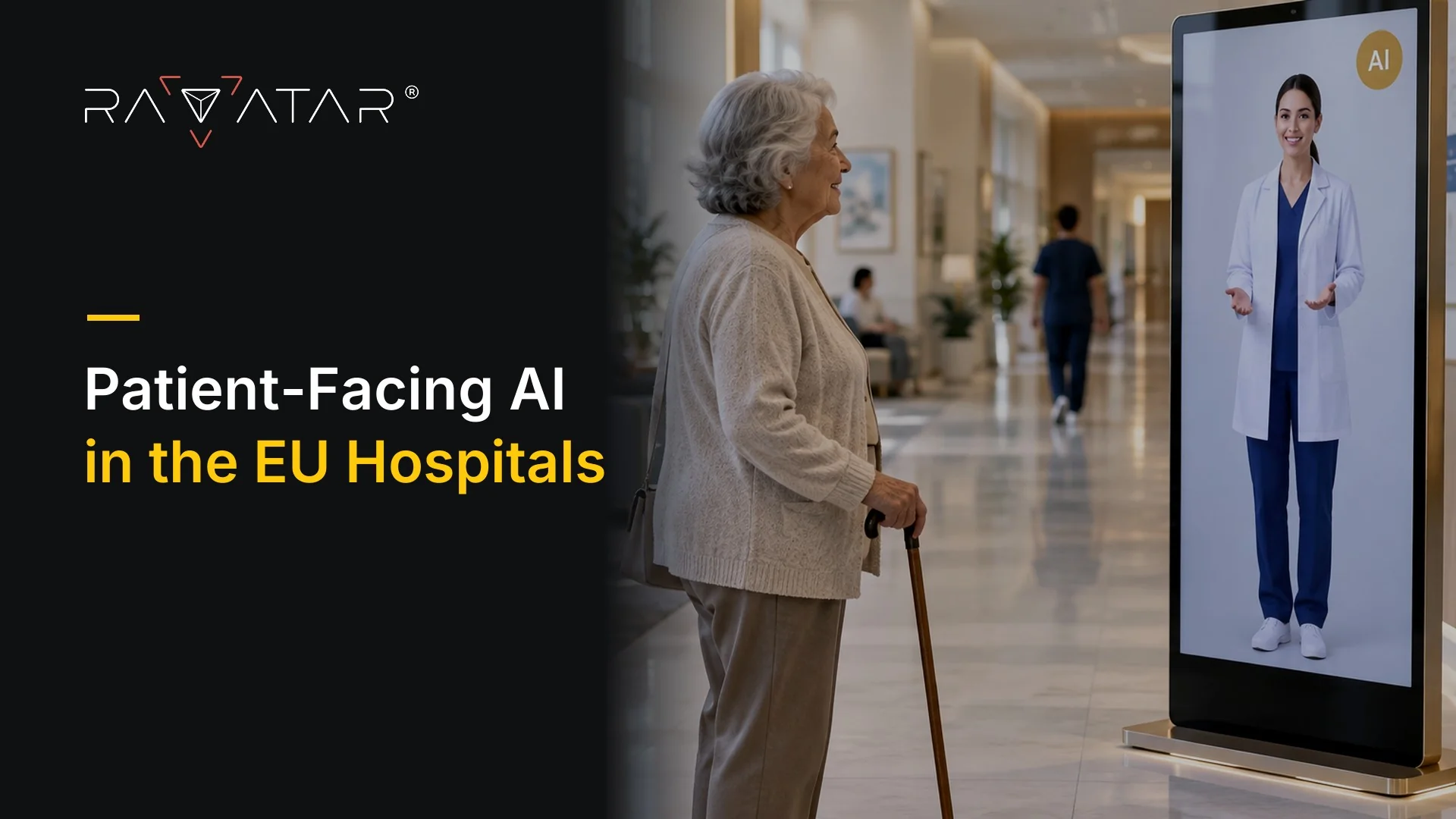 Illustration: an older patient with a cane talks to a clinician AI avatar on a kiosk labelled AI, in a hospital corridor. Title: Patient-Facing AI in EU Hospitals.
