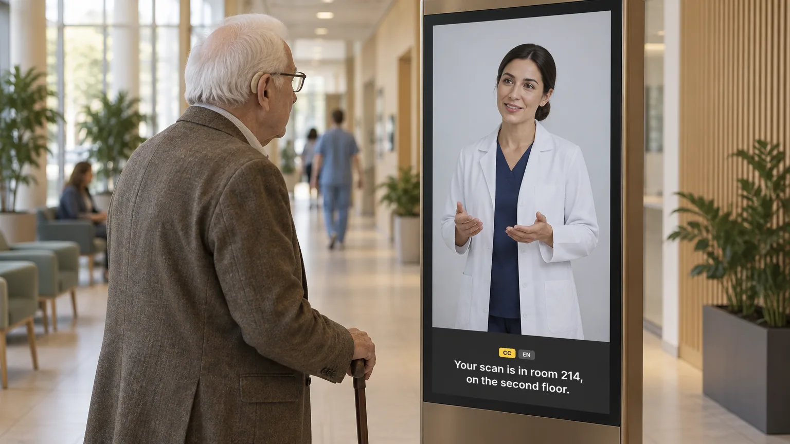 Elderly man with a hearing aid reading live subtitles under a clinician AI avatar on a hospital kiosk
