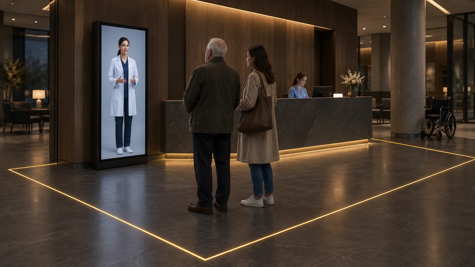 Sovereign AI avatar at a hospital reception: a patient and his daughter talk to a life-size avatar inside a gold line marking the hospital's own perimeter