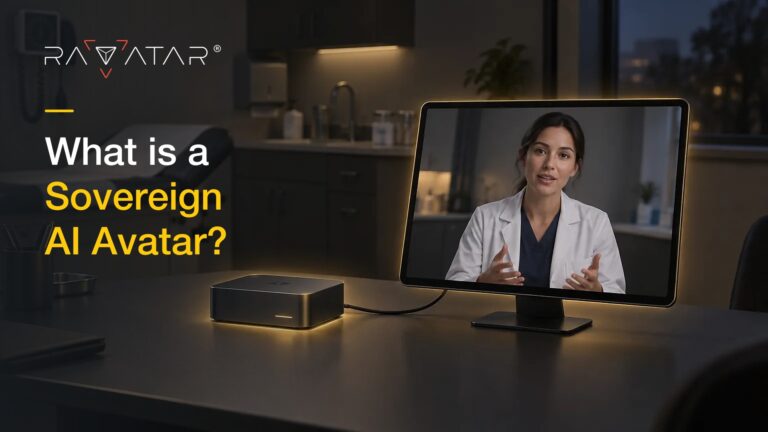 Illustration: a clinician AI avatar on a monitor, powered by a compact edge device on a clinic desk. Title: What is a Sovereign AI Avatar? RAVATAR