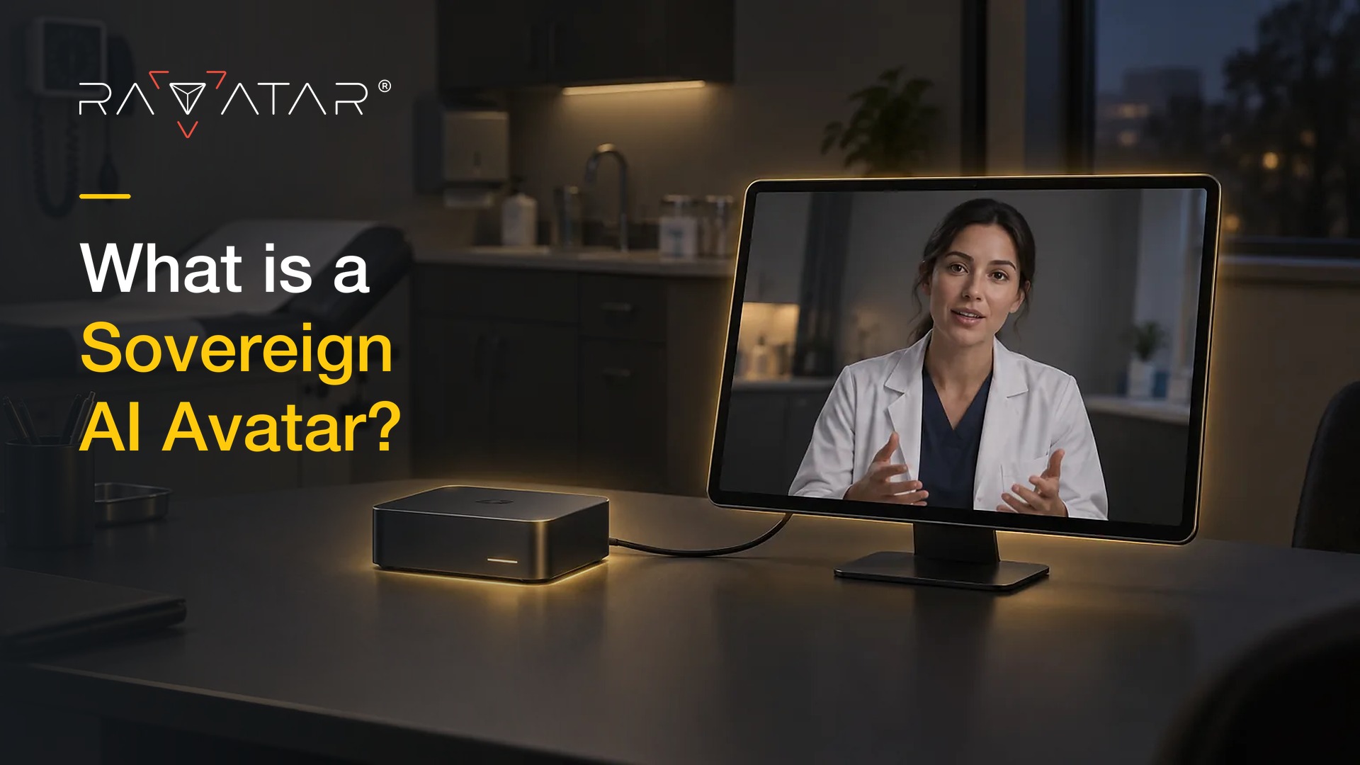 Illustration: a clinician AI avatar on a monitor, powered by a compact edge device on a clinic desk. Title: What is a Sovereign AI Avatar? RAVATAR
